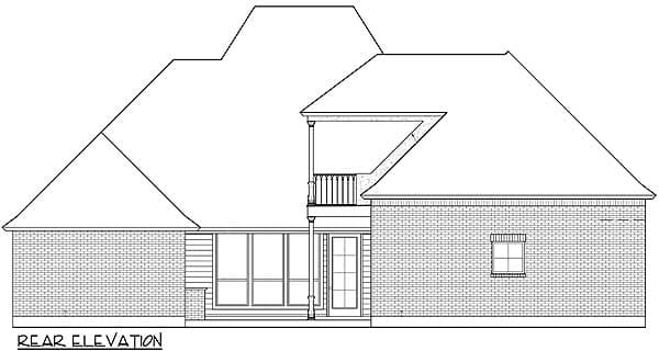 Rear elevation drawing of a house with brick and siding, featuring a balcony, large windows, and a pitched roof.