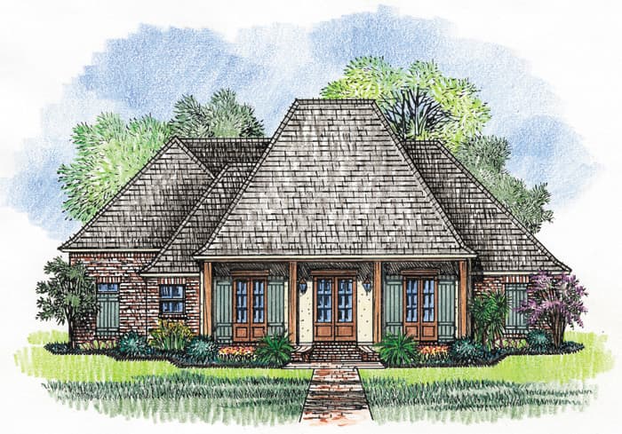 House plan exterior: One-story brick home with wide covered porch, hip roof with dormers, double front doors, and louvered shutters.
