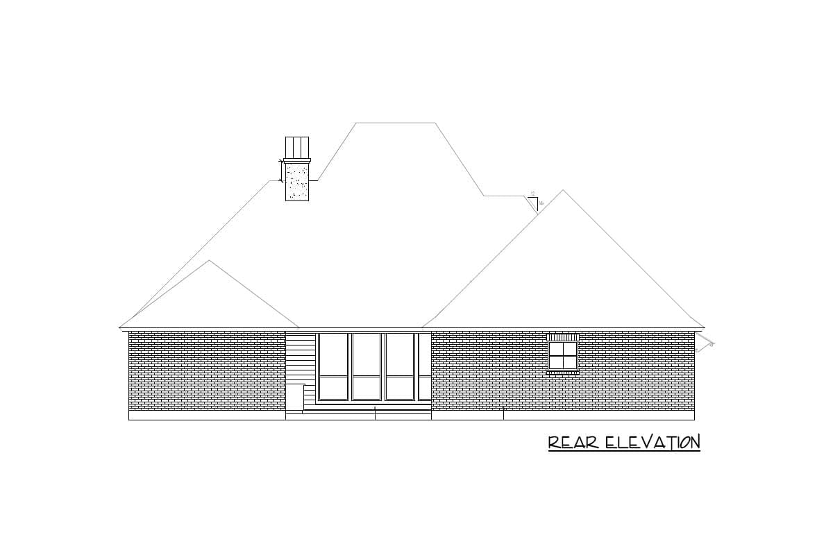 Rear elevation drawing of a house plan with brick and horizontal siding, featuring a chimney and large window grouping.