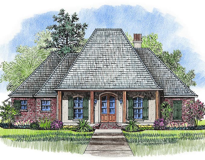 House plan exterior with mansard roof, brick facade, central porch with wood columns, arched windows, and dormers.