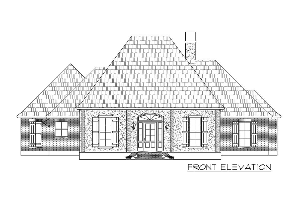 Front elevation house plan drawing with a prominent gabled roofline, central portico, and brick exterior.