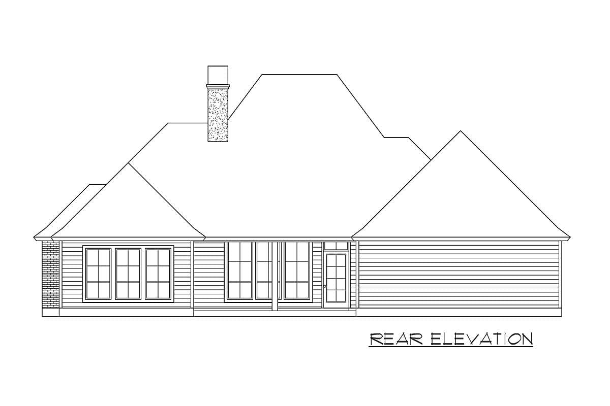 Rear elevation of a house plan, featuring multiple gables, a prominent chimney, and several windows.