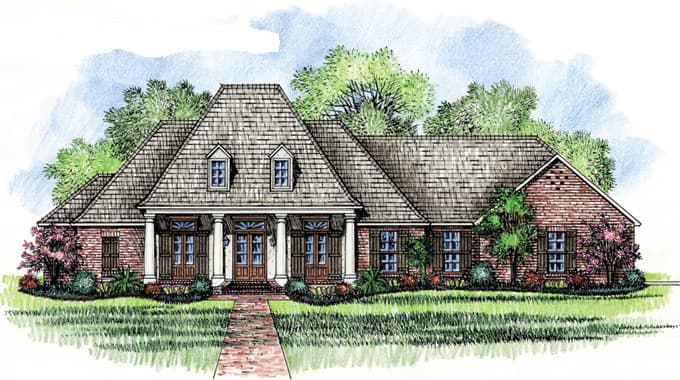 House plan exterior: one-story brick home with mansard roof, dormers, central porch with columns, and double front doors.