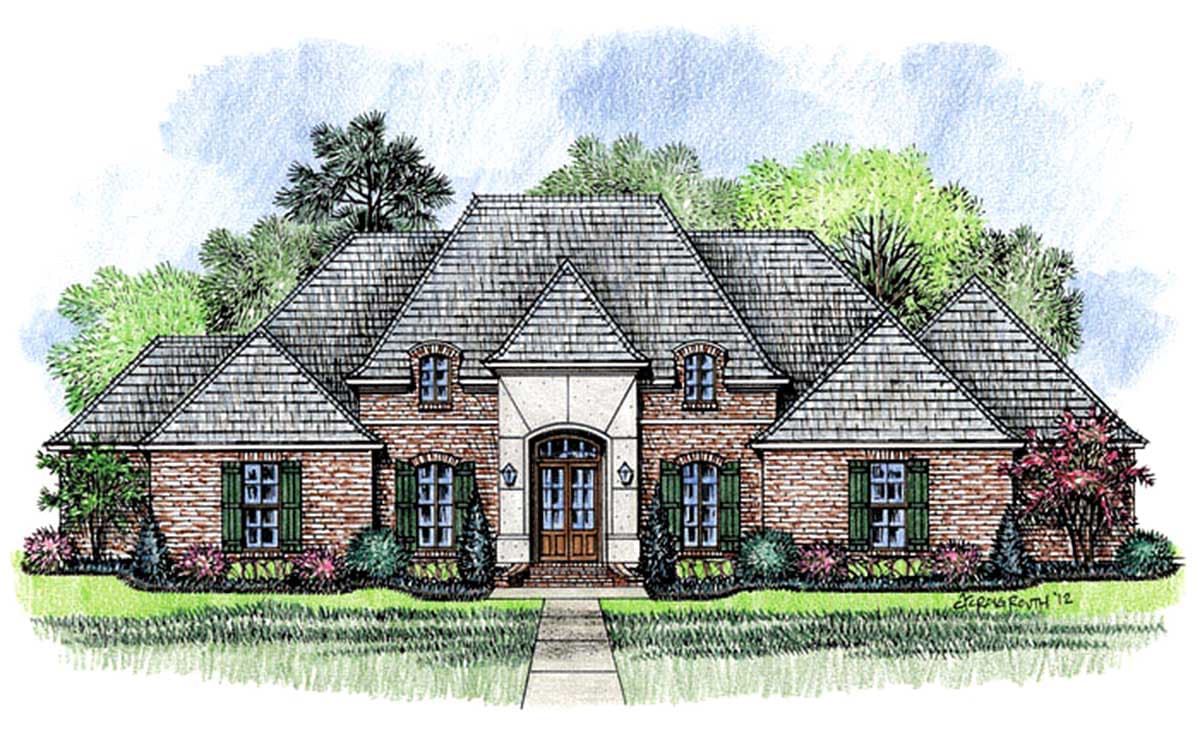 House plan exterior. Two-story brick home with gabled roof, dormers, and arched entry. Windows have green shutters.