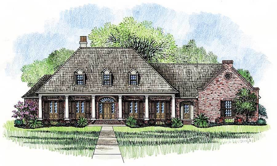 House plan exterior. One-story brick home with gabled roof, prominent front porch with columns, and multiple dormers.