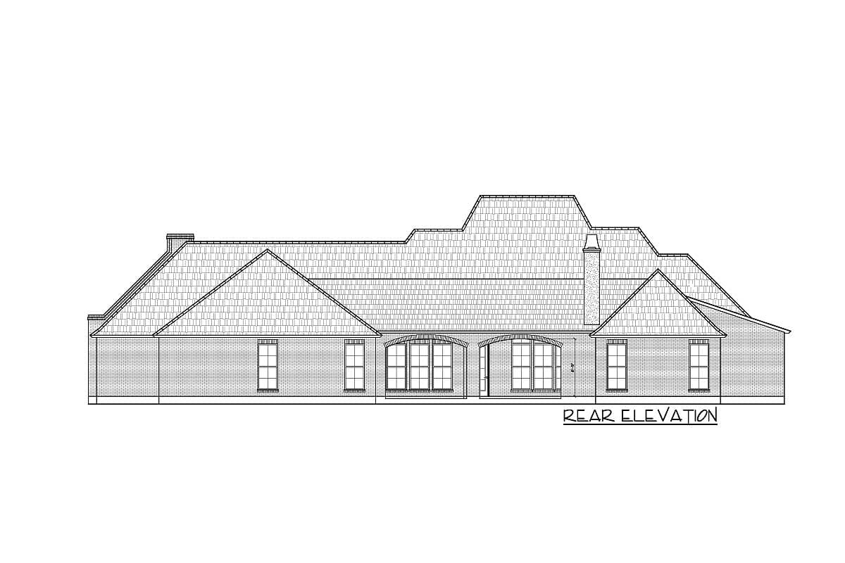 Rear elevation drawing of a single-story house plan with a brick exterior, complex roofline, and arched window groupings.