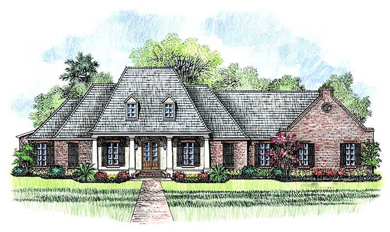 House plan exterior, brick facade, dormers, mansard roof, covered entry with columns, and multipane windows.