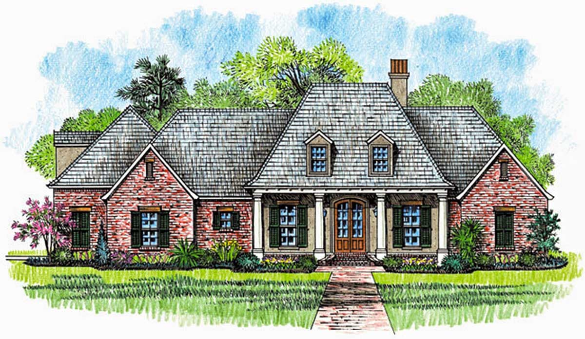 House plan exterior drawing of a one-story brick house with a prominent gabled roof, dormers, and a covered entry porch.