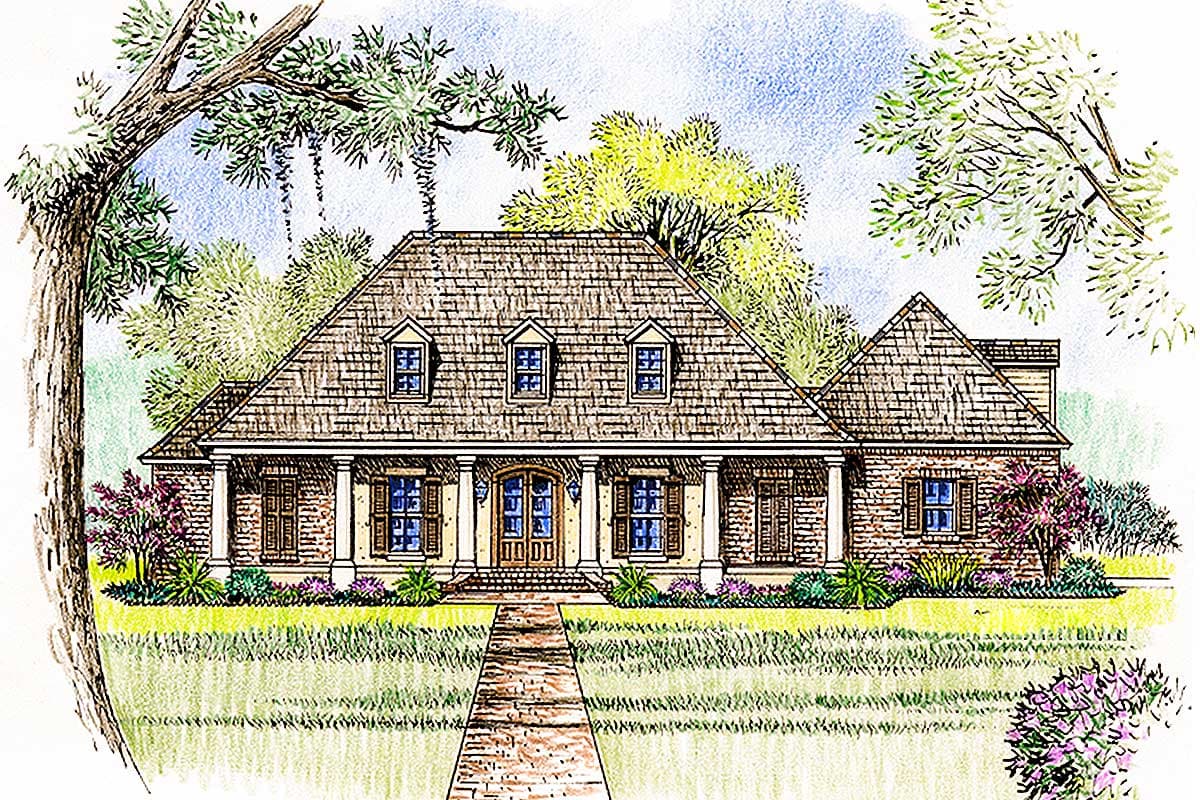 House plan exterior, one-story residence with a hipped roof, dormer windows, and a central covered porch with columns.