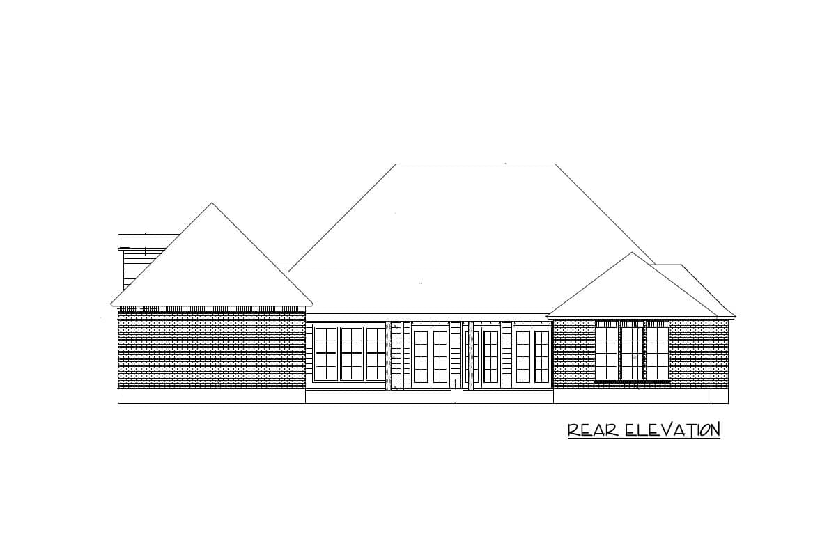 Rear elevation drawing of a house plan with brick facade, multiple gables, and a central double door with flanking windows.