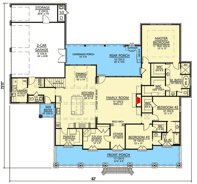 Plan 56364SM: 3 Bedroom Acadian Home Plan with Broad Front Porch and Exposed Wood Beams - 2674 Sq Ft - Floor Plan - Main Level - Acadian, European, French Country, Louisiana-Style, Southern