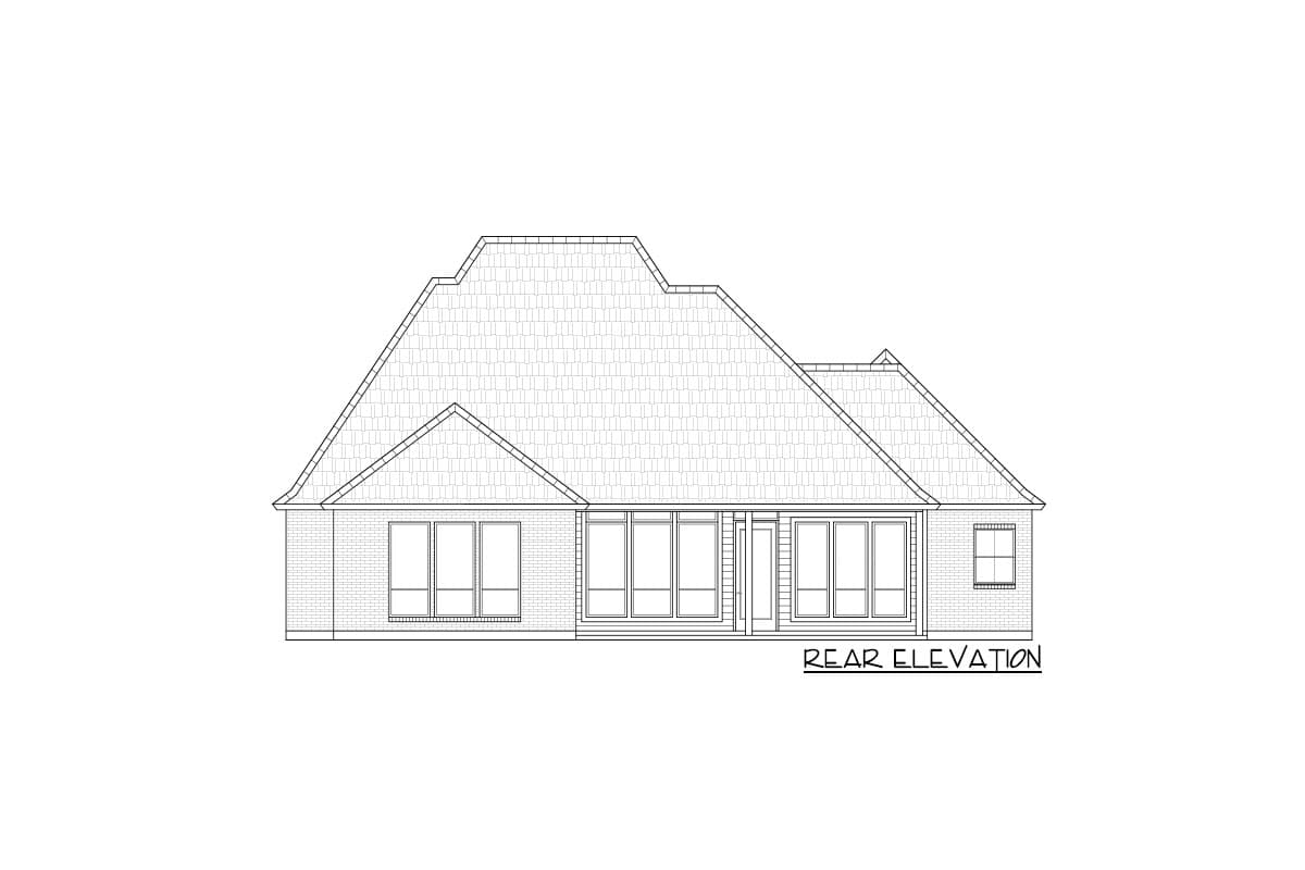 Rear elevation drawing of a house plan featuring a hip roof, gabled dormer, and numerous windows.