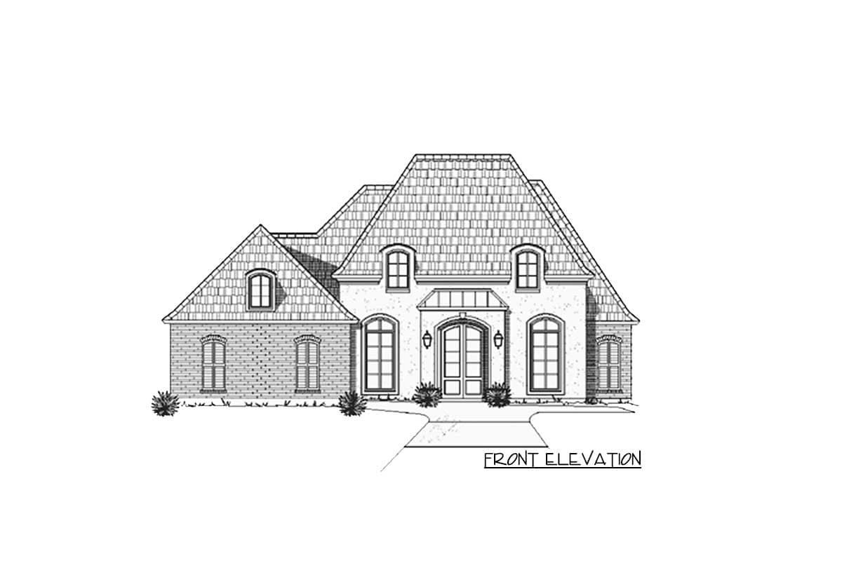 Front elevation of a two-story house plan featuring a mansard roof, arched windows, and a prominent entrance.