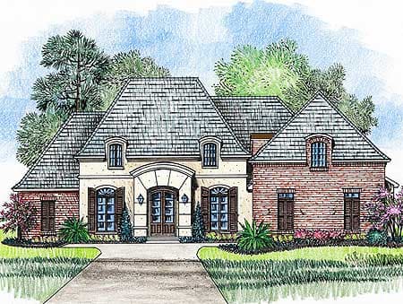 House plan exterior shows a two-story French-inspired home with a prominent arched entryway, mansard roof, and dormer windows.