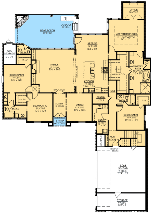 Plan 56366SM: Fab 4 Bed French Country - Floor Plan - Main Level - Acadian, European, French Country, Louisiana-Style