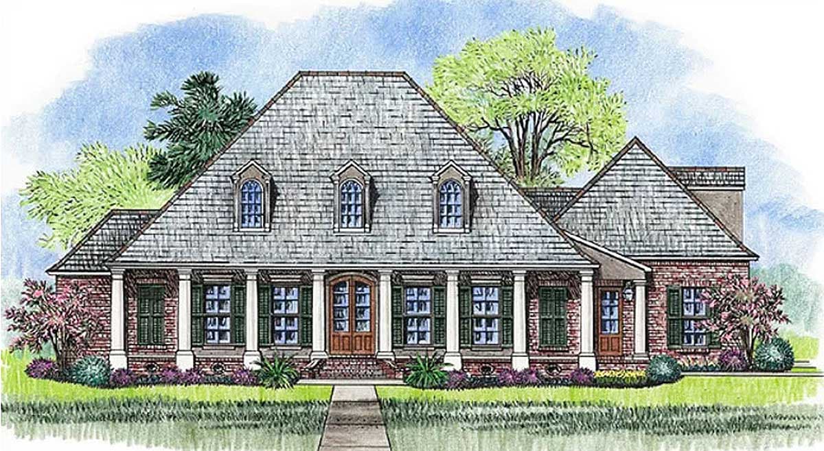 House plan exterior: One-and-a-half story with a prominent hip roof, dormers, covered front porch with columns, and brick facade.
