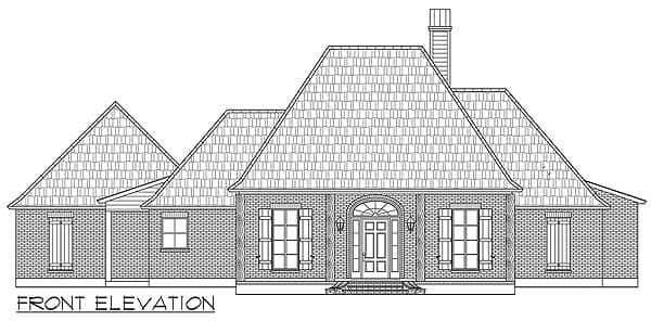 Front elevation drawing of a one-story house with arched entryway, brick exterior, and multiple gables.