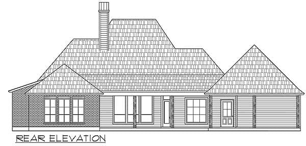 Rear elevation drawing of a house plan featuring a prominent chimney, multiple gables, and a covered rear porch with visible windows and doors.