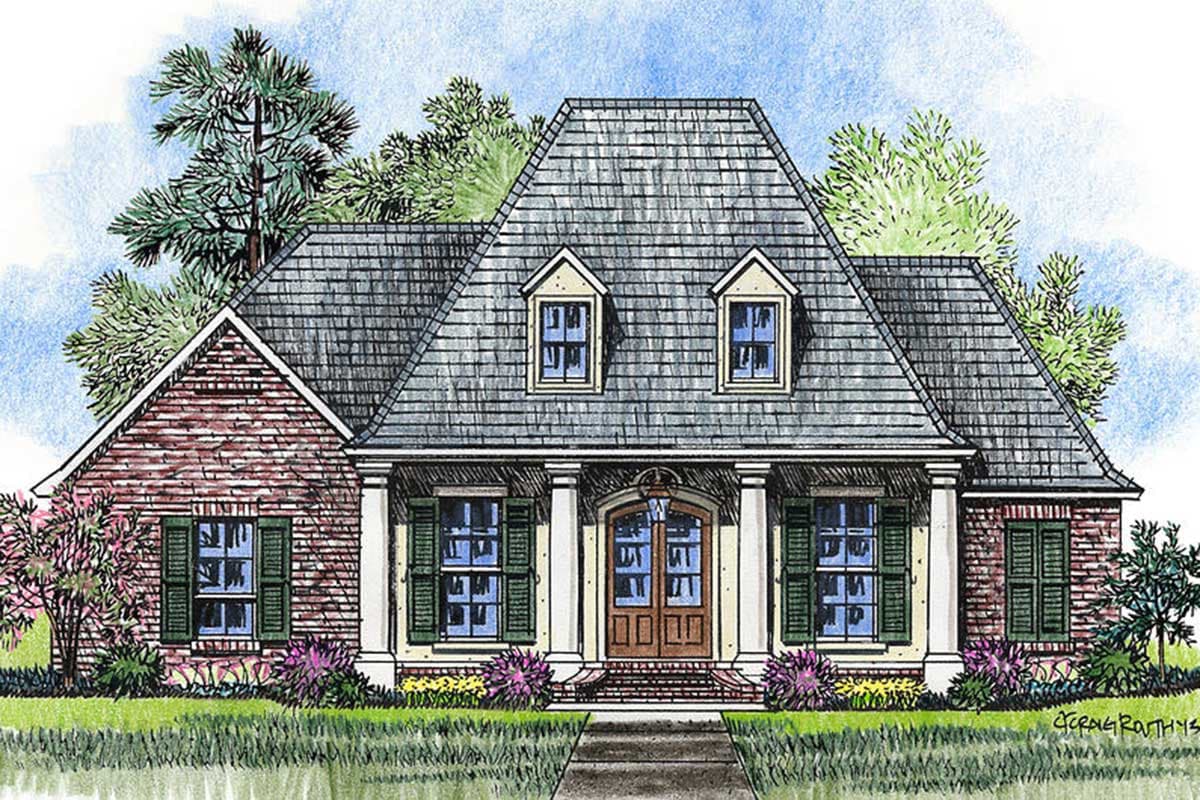 House plan exterior: One-and-a-half stories, brick, pitched roof with dormers, covered porch with columns, shutters.
