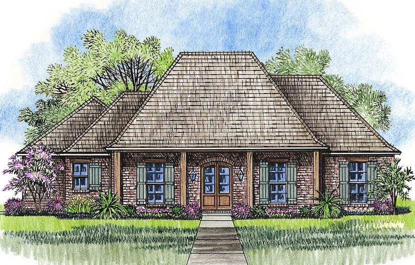 House plan exterior of a one-story brick home with a central arched entry, covered porch with wood columns, and multiple gables.