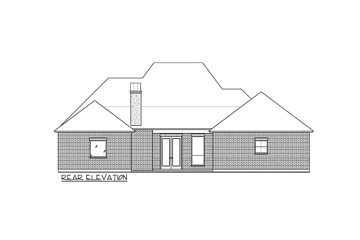 Rear elevation house plan with brick exterior, prominent chimney, and double doors.