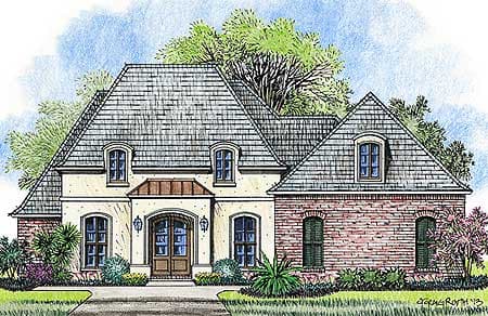 House plan exterior: Two-story French-inspired home with mansard roof, brick accents, arched entry, and dormer windows.