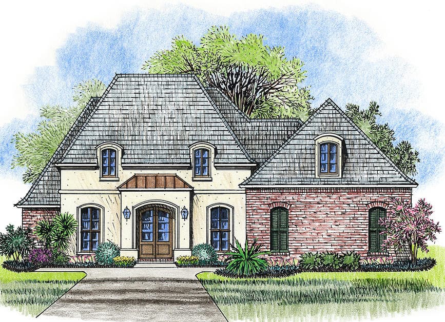 House plan exterior: French Country style, stucco and brick facade, prominent dormers, arched entry with double doors, and steeply pitched roof.