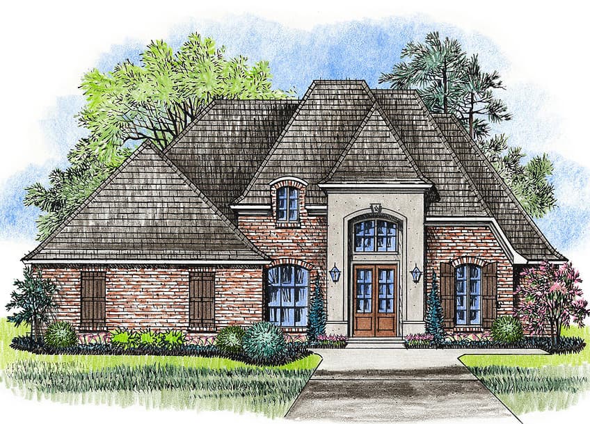 House plan exterior: Brick exterior with hip roof, dormer, arched entry, and shutters.