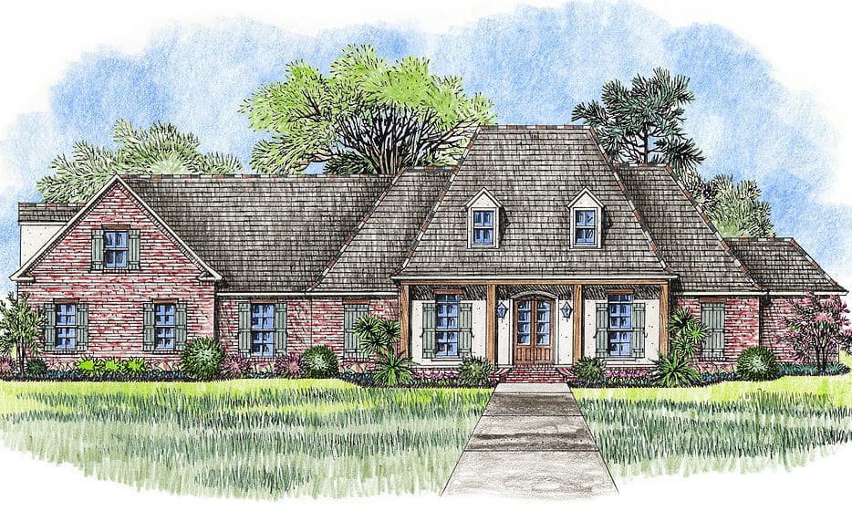 House plan exterior: one-story brick home with prominent dormers, a steeply pitched roof, and a covered central porch with wood columns.