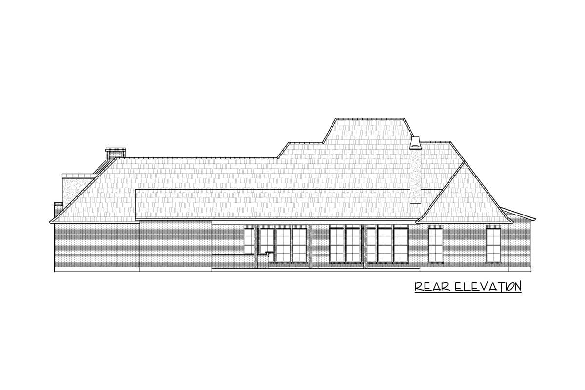 Rear elevation of a house plan showing multiple gables, a brick exterior, and a series of tall windows.