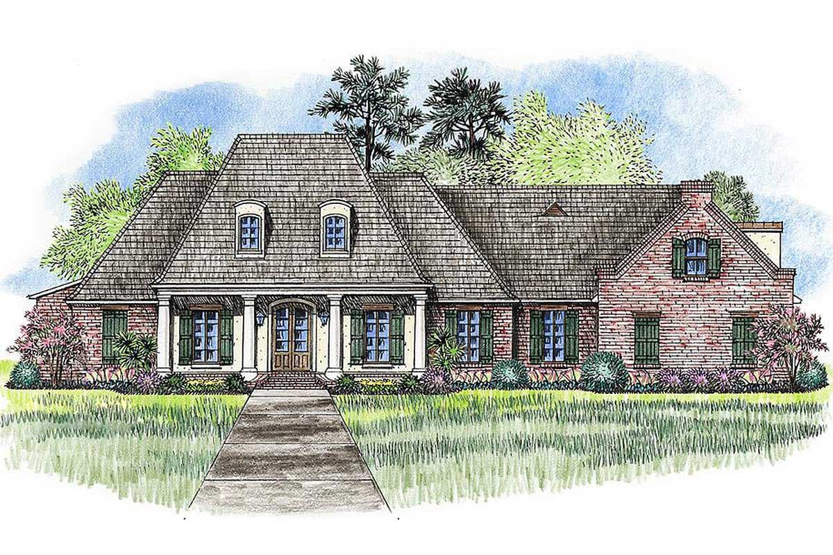 House plan exterior: brick and shingle, pitched roof with dormers, central covered porch with columns.