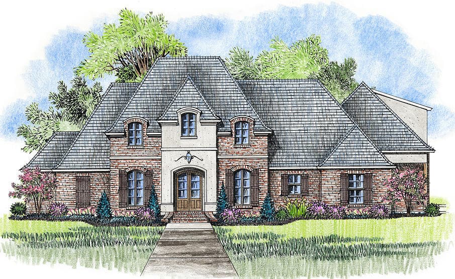 House plan exterior with brick facade, multi-gabled roof, dormers, arched entryway, and shutters.