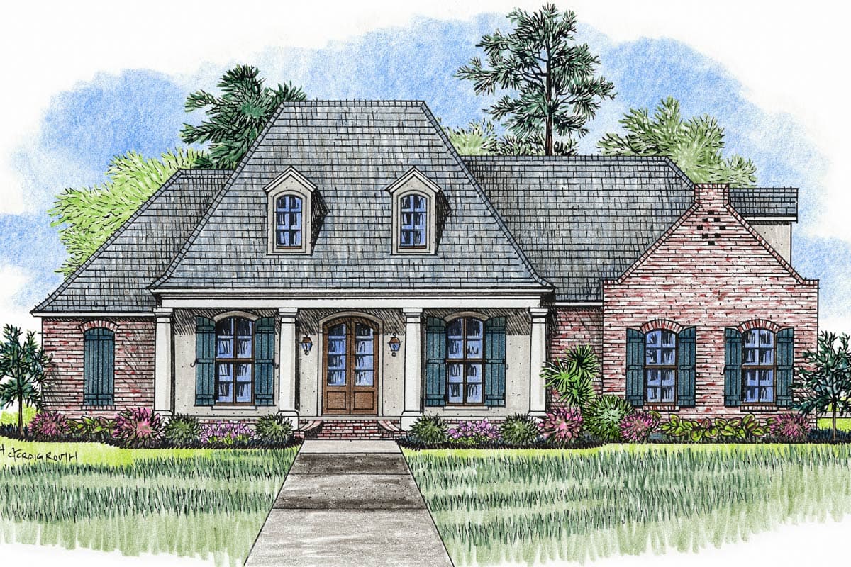 House plan exterior: one-story French Colonial style with a Mansard roof, dormer windows, columns, and brick accents.
