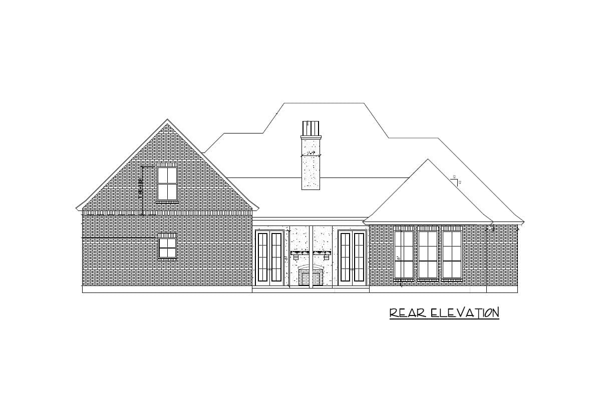 Rear elevation drawing of a one-story house with brick exterior, gabled roof, chimney, and covered patio with french doors.