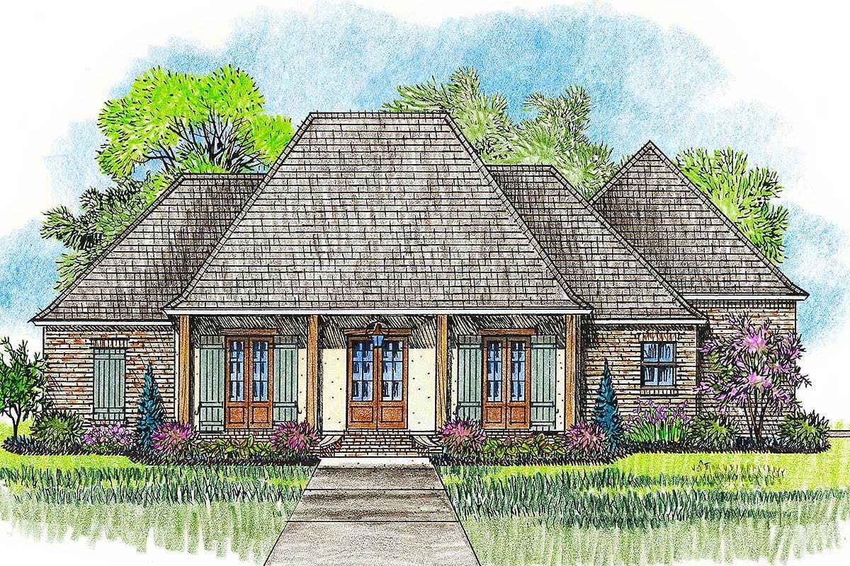 House plan exterior rendering of a one-story home with a covered front porch, multiple gables, and brick facade.