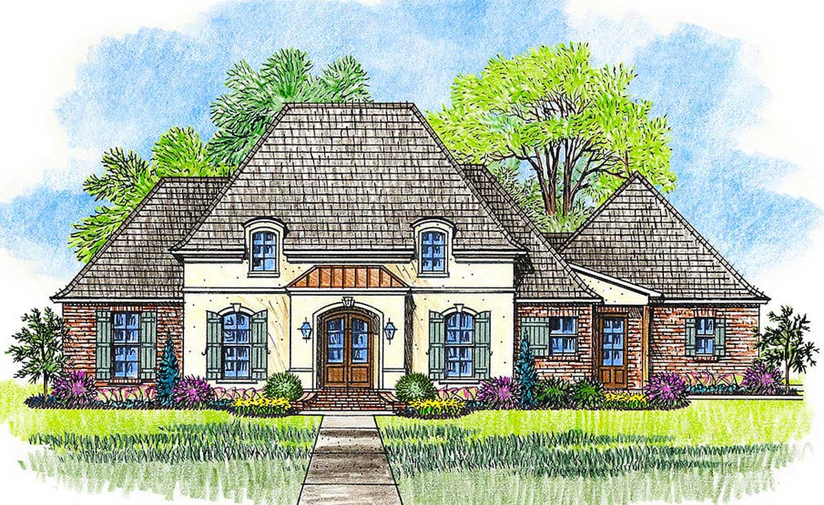 House plan exterior: French Country style, one-and-a-half stories, brick facade, arched entryway, multiple gables, dormers.