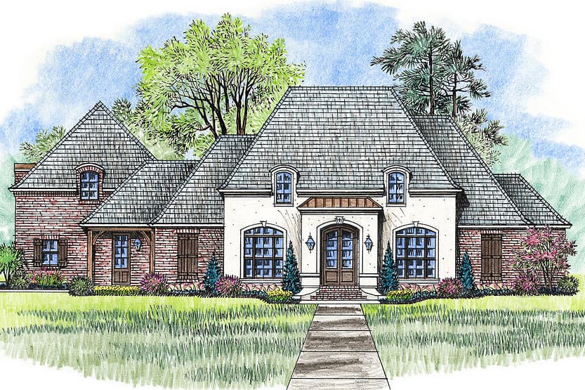 House plan exterior: French Country style with mansard roof, dormers, brick and stucco facade, and covered entry.