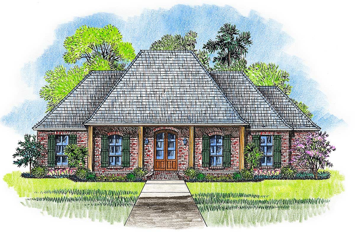 House plan exterior rendering of a one-story brick home with a wide covered porch, arched windows with shutters, and a prominent hip roof.