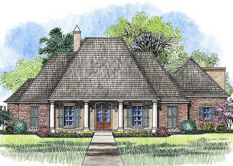 House plan exterior: One-story brick house with a prominent hip roof, covered front porch supported by columns, and symmetrical window placement.