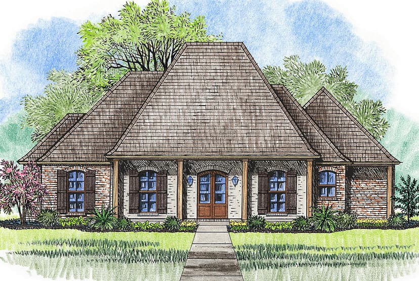 House plan exterior: One-story home with hipped roof, central gable, brick exterior, and covered front porch with wooden columns.