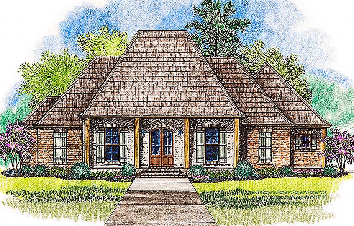 House plan exterior: One-story home with a hipped roof, exposed rafter tails, brick and siding, and a covered front porch with columns.