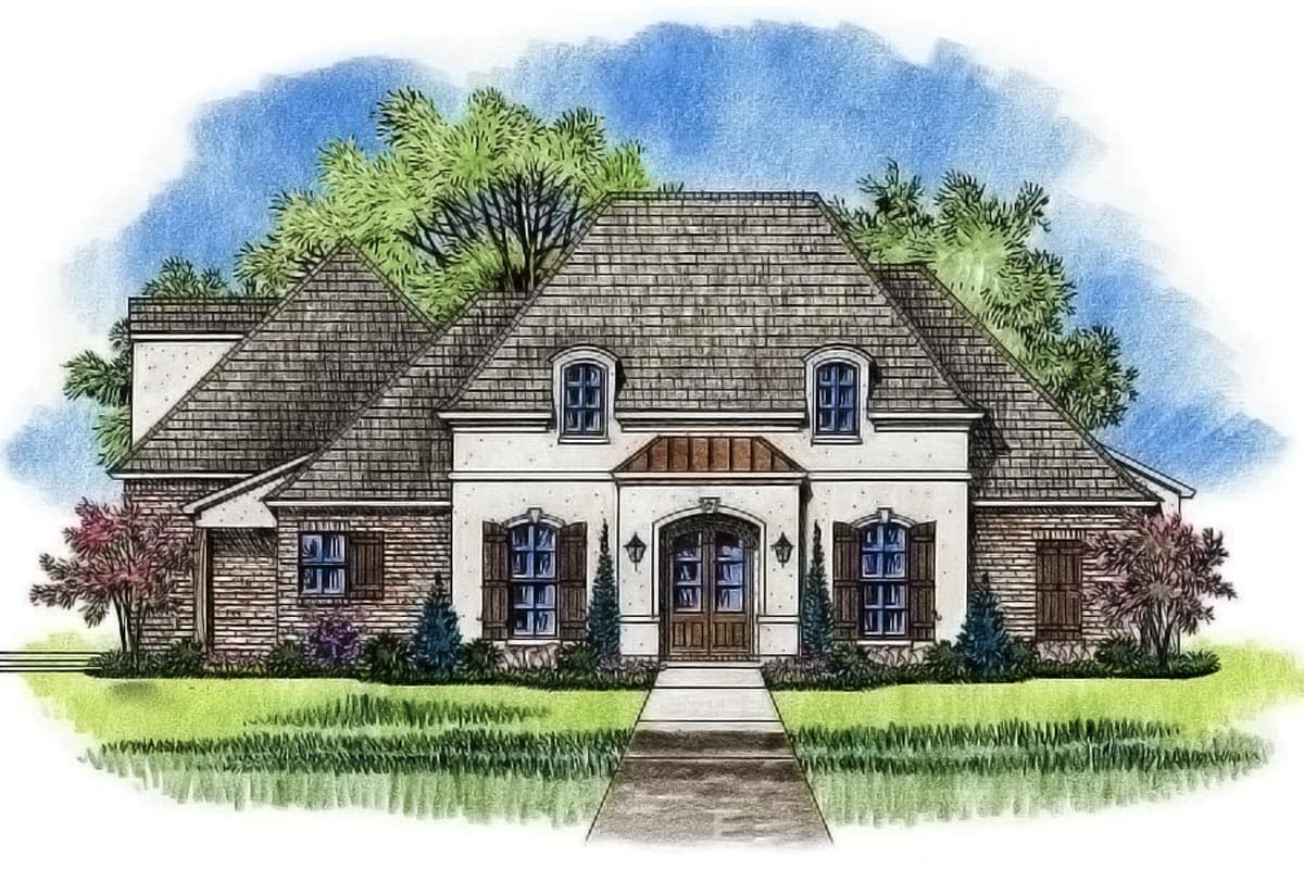 House plan exterior: One-story residence with multi-level gabled roof, dormers, brick accents, and covered entry.