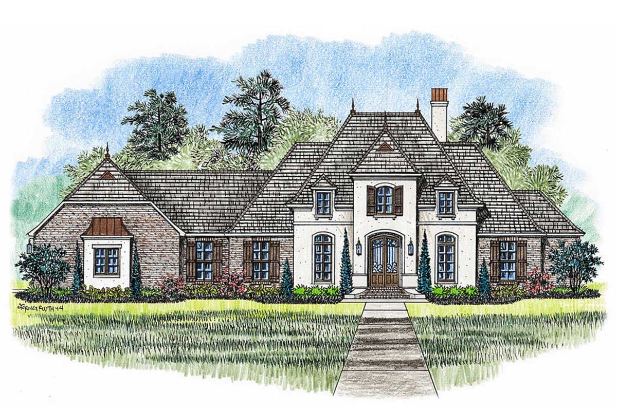 House plan exterior: French Colonial style, one story, with symmetrical facade, dormers, and brick accents.
