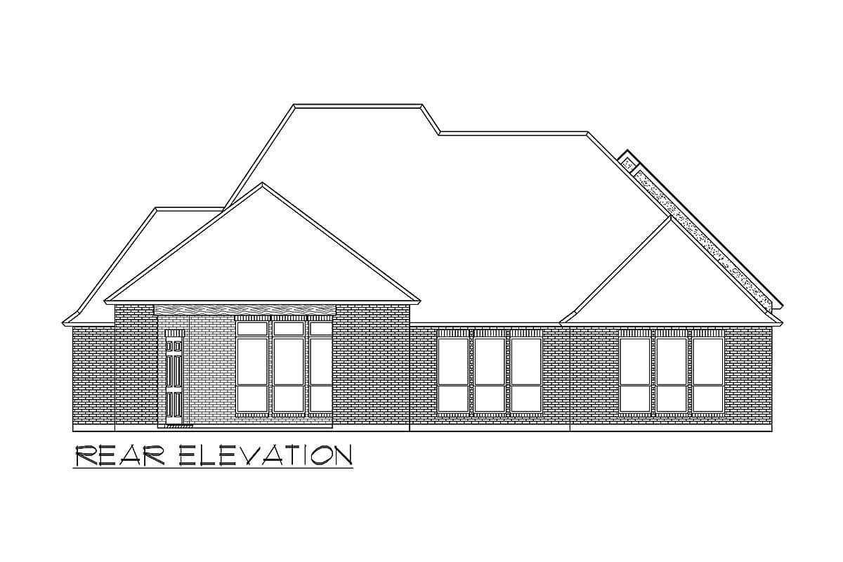 Rear elevation drawing of a house plan featuring a hip roofline, brick facade, and multiple windows.