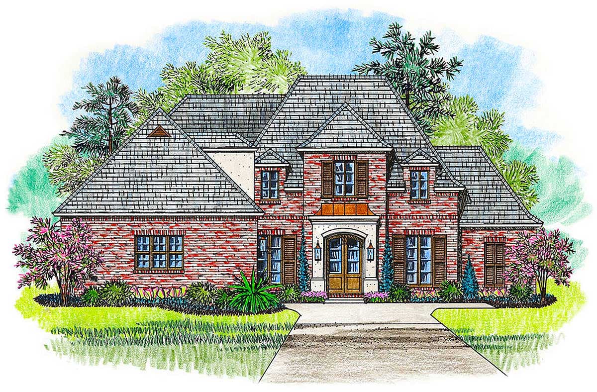 House plan exterior of a two-story brick residence with a prominent central entrance, dormers, and a multi-gabled roofline.