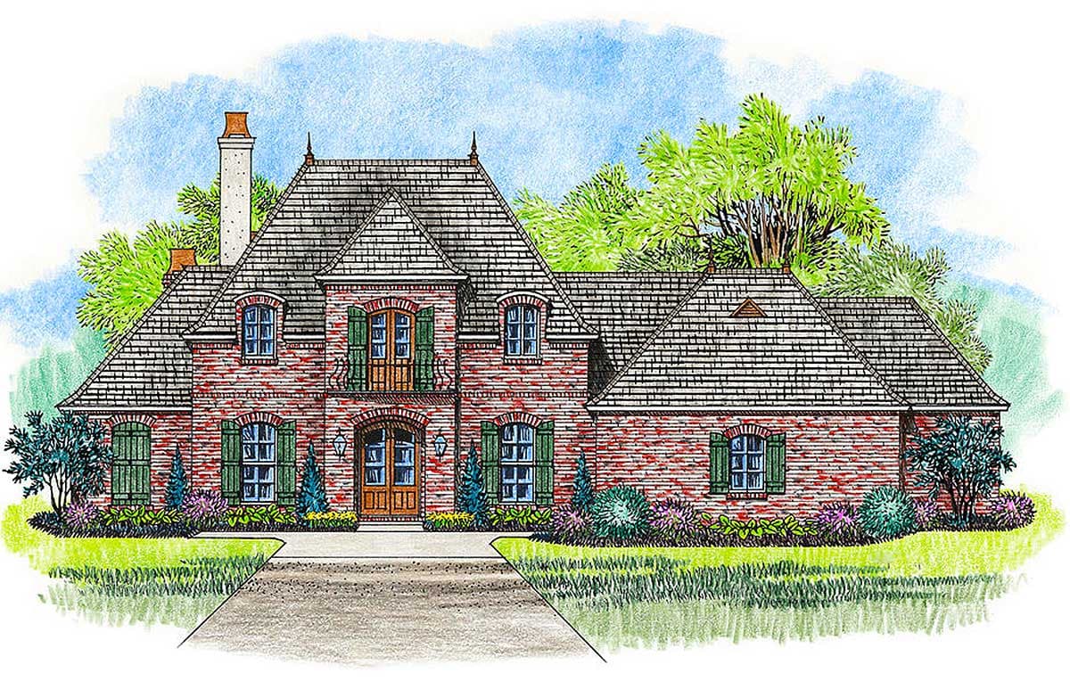 House plan exterior: French Provincial style, brick facade, multiple gables, dormers, wrought iron balcony, and tall chimney.