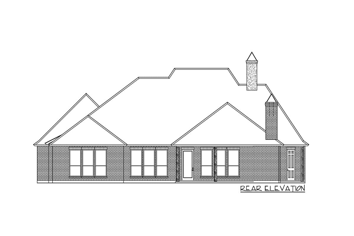 Rear elevation house plan drawing with brick exterior, multiple gables, and two chimneys.