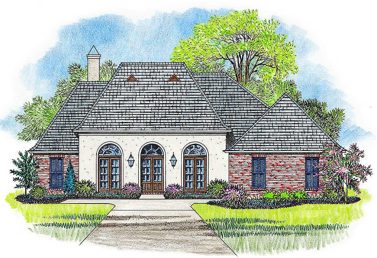House plan exterior: One-story residence with a stucco facade, arched windows, brick accents, and a multi-gabled roof.