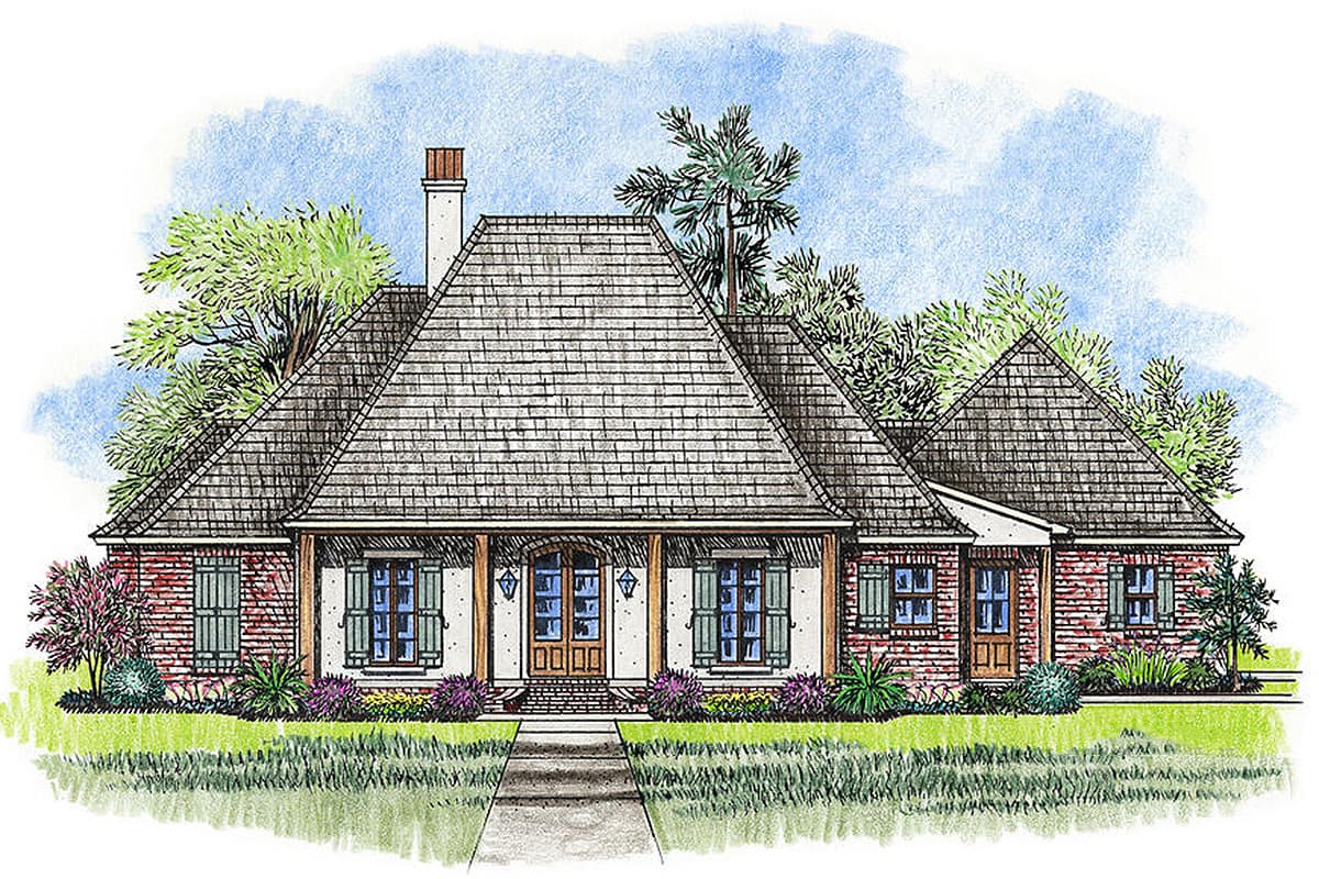 House plan exterior: single-story, French Colonial style, prominent gabled roof, covered front porch, brick accents, dormer windows.