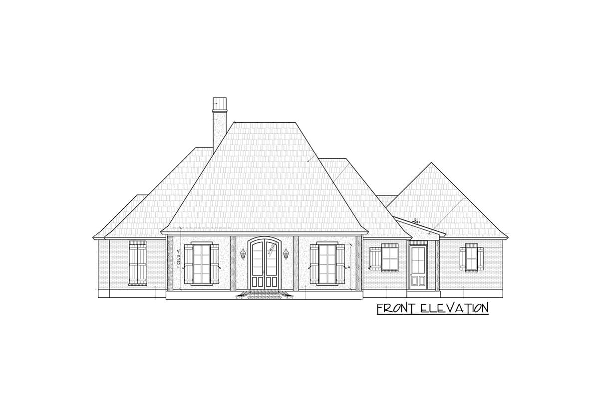 Front elevation drawing of a single-story house plan featuring a prominent gabled roof, central porch with double doors, and multiple windows.